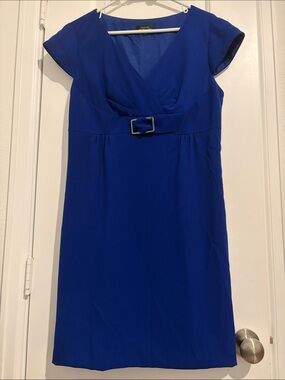 Tahari Royal Blue Cap-Sleeve Sheath Dress with Waist Buckle